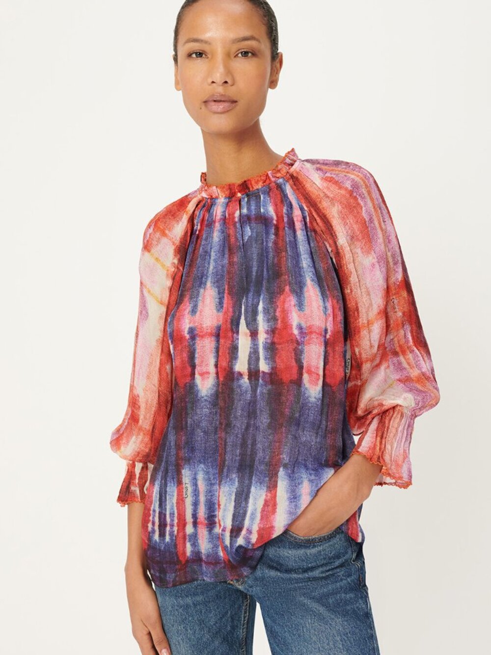 NEW WITH TAGS Sheer Multi-Color Tie-Dye Blouson Sleeve Top